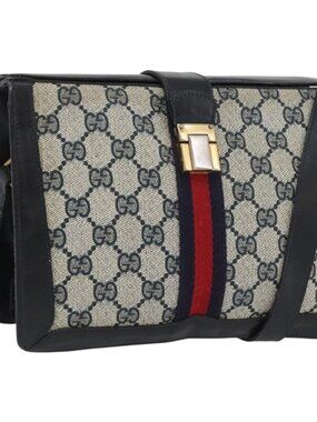 GUCCI GG Supreme Sherry Line Shoulder Bag PVC Navy Gold Auth 171984